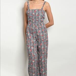 Floral Plaid Jumpsuit Tie Back